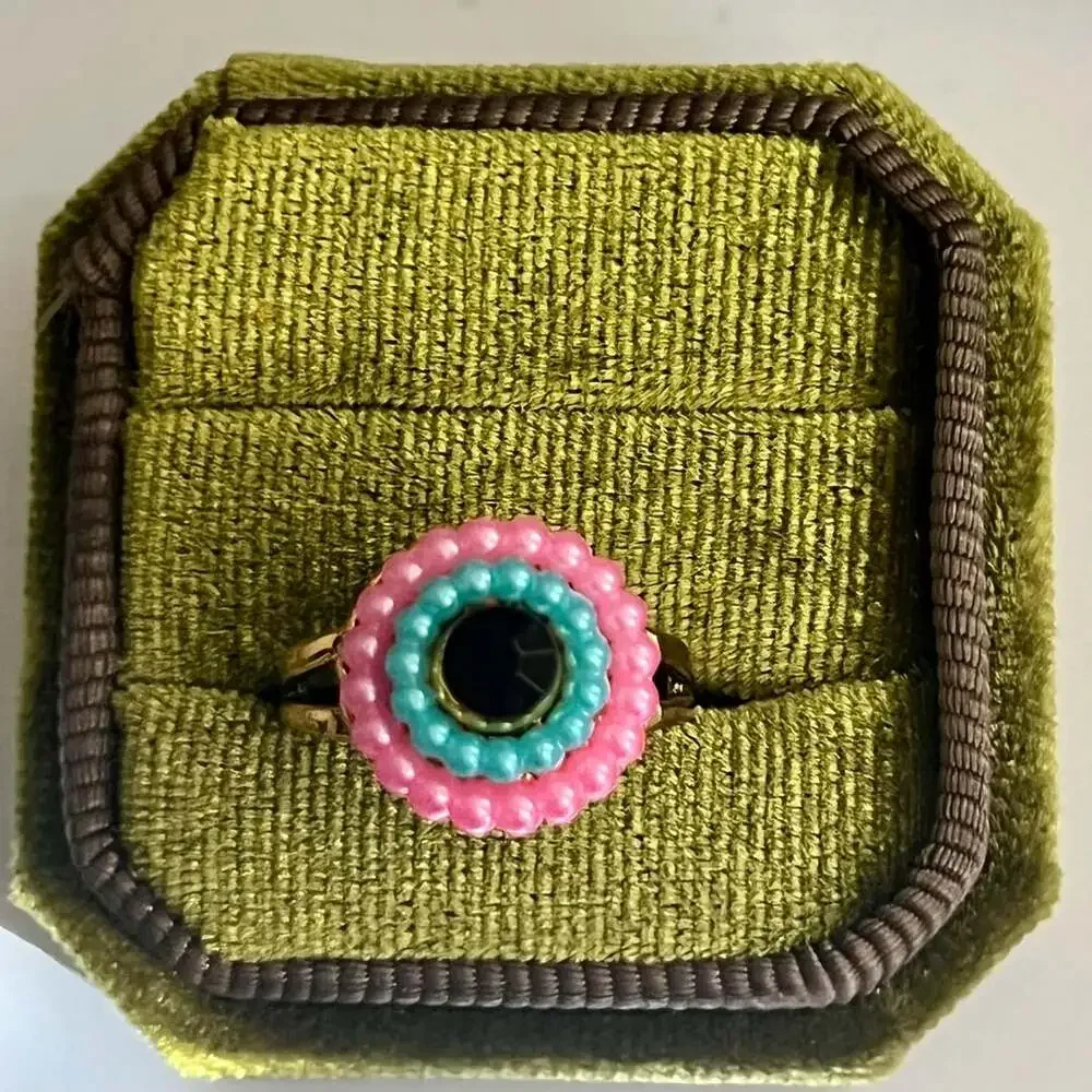 Vintage Gold Tone Pink and Turquoise Beaded Floral Ring Size 6